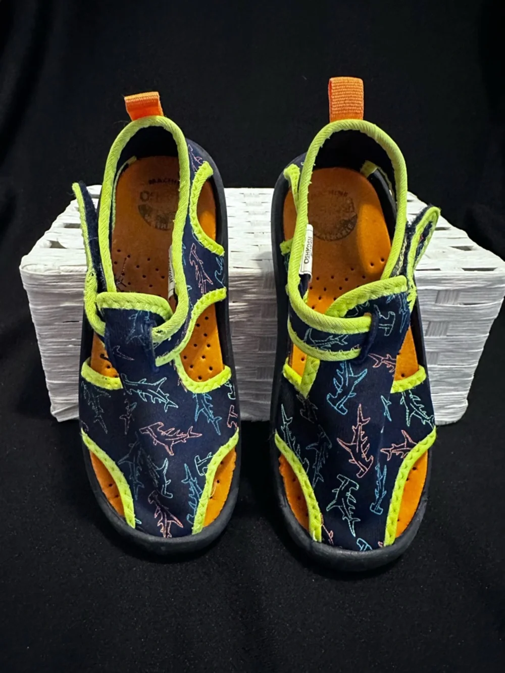 OshKosh B'gosh Navy Shark Print Water Sandals with Neon Yellow Trim Boys Sz. 11